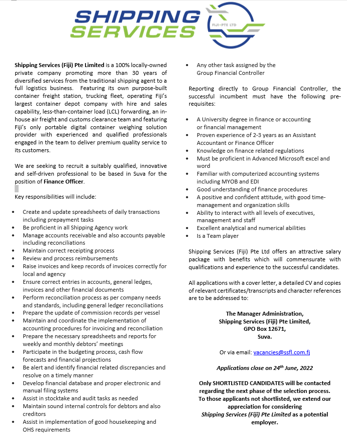 Vacancies Shipping Services Fiji