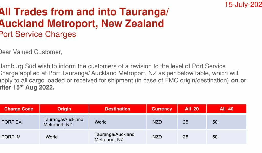 revision of the Port Service Charge applied to Port Tauranga / Auckland Metroport, NZ